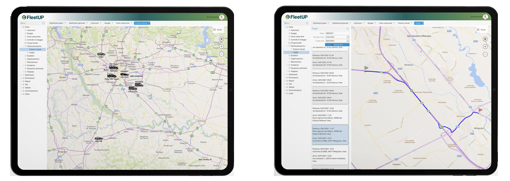 Interfaccia fleetup fleet manager mappa geolocalizzazione auto e tragitto veicolo