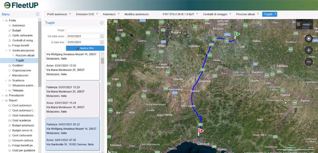 Geolocalizzazione e calcolo percorso di un veicolo aziendale tramite il software FleetUp